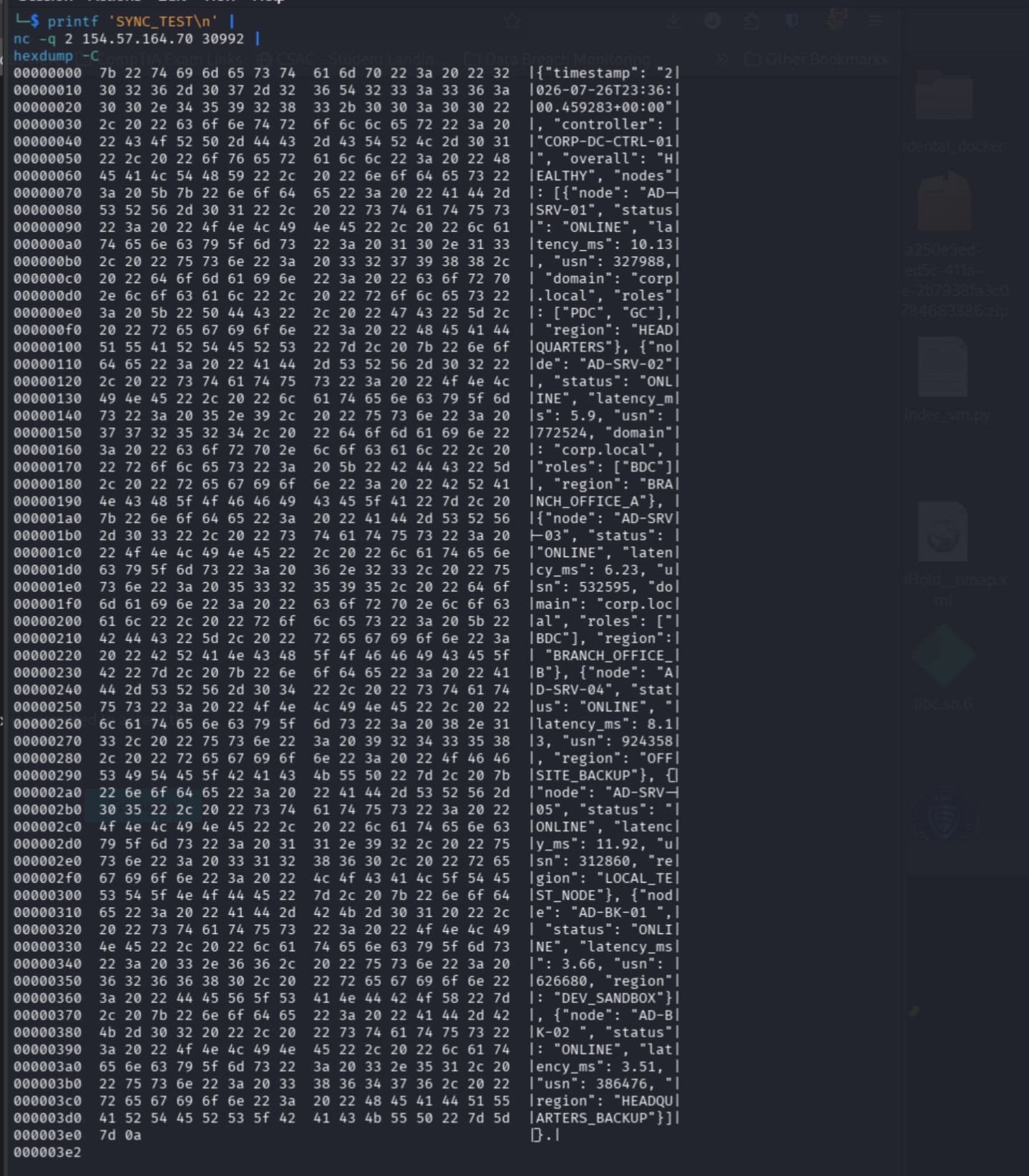 Server JSON response showing seven healthy internal nodes